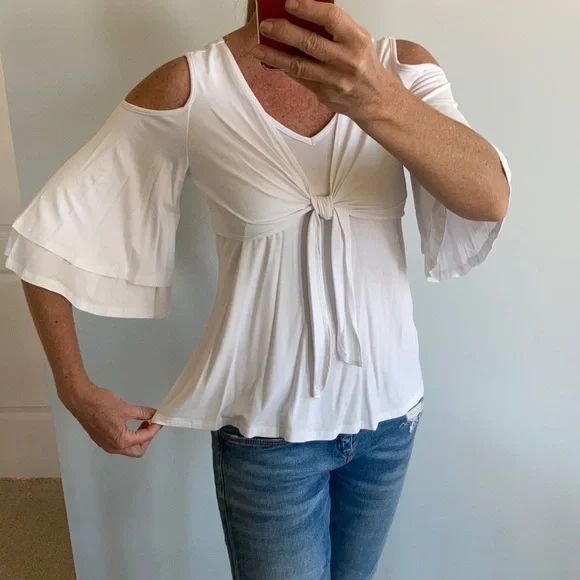 White Cold Shoulder Tie Front Top - Picture 5 of 14
